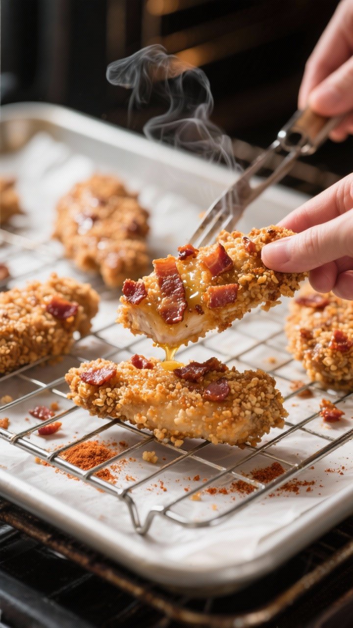 Close-up detail/cooking process: Brown sugar–bacon crusted chicken tenders on a wire rack over a p