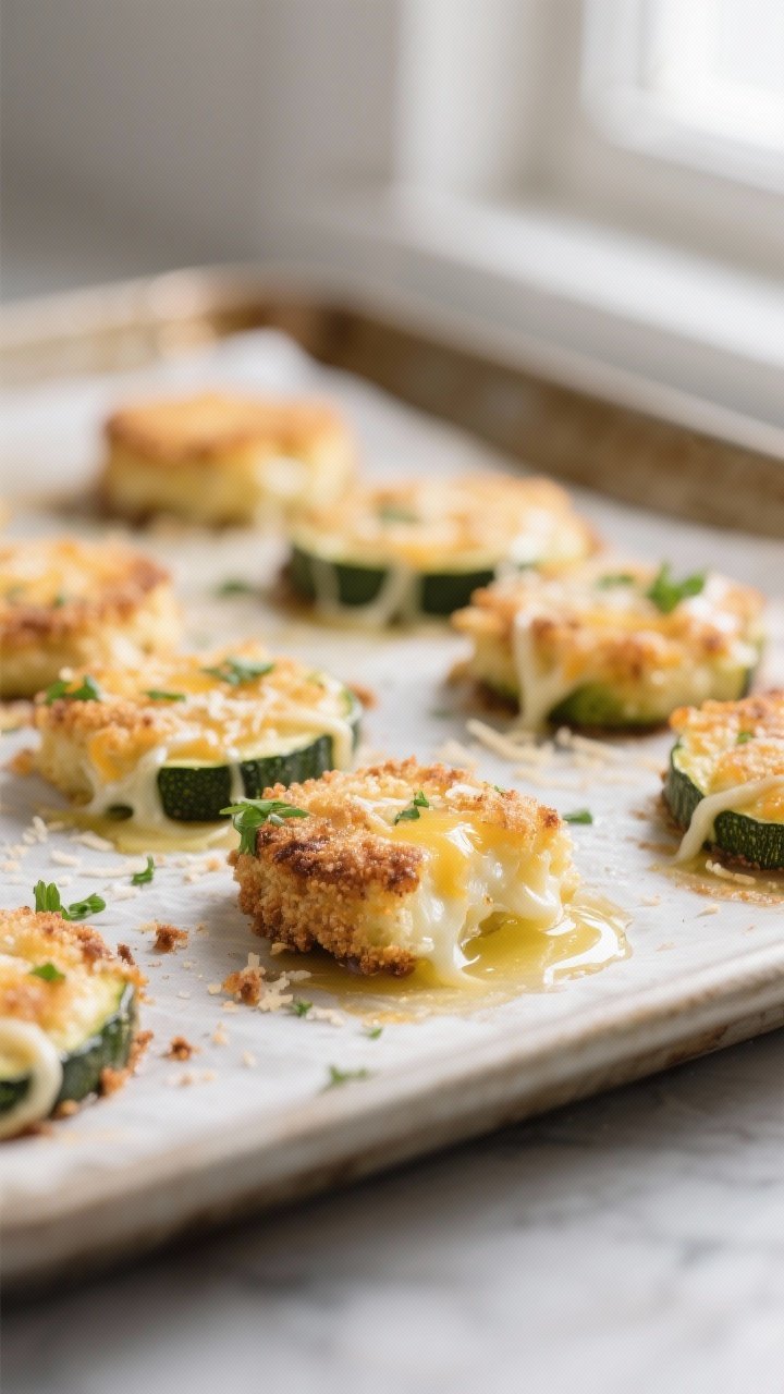 Close-up detail, cooking process: Cheesy zucchini bites mid-bake on a parchment-lined sheet pan at 4