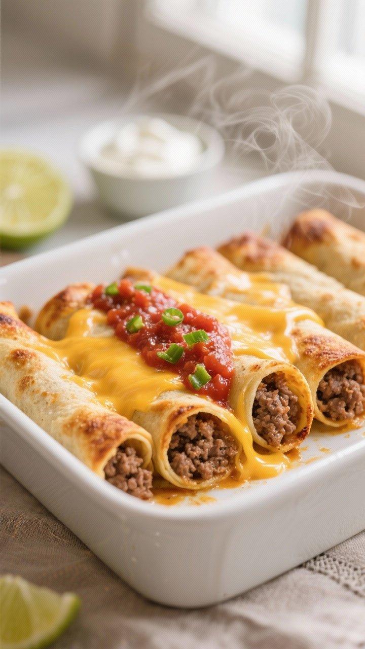 Close-up detail, cooking process: Rolled beef mince taquitos nestled seam-side down in a 9x13 baking