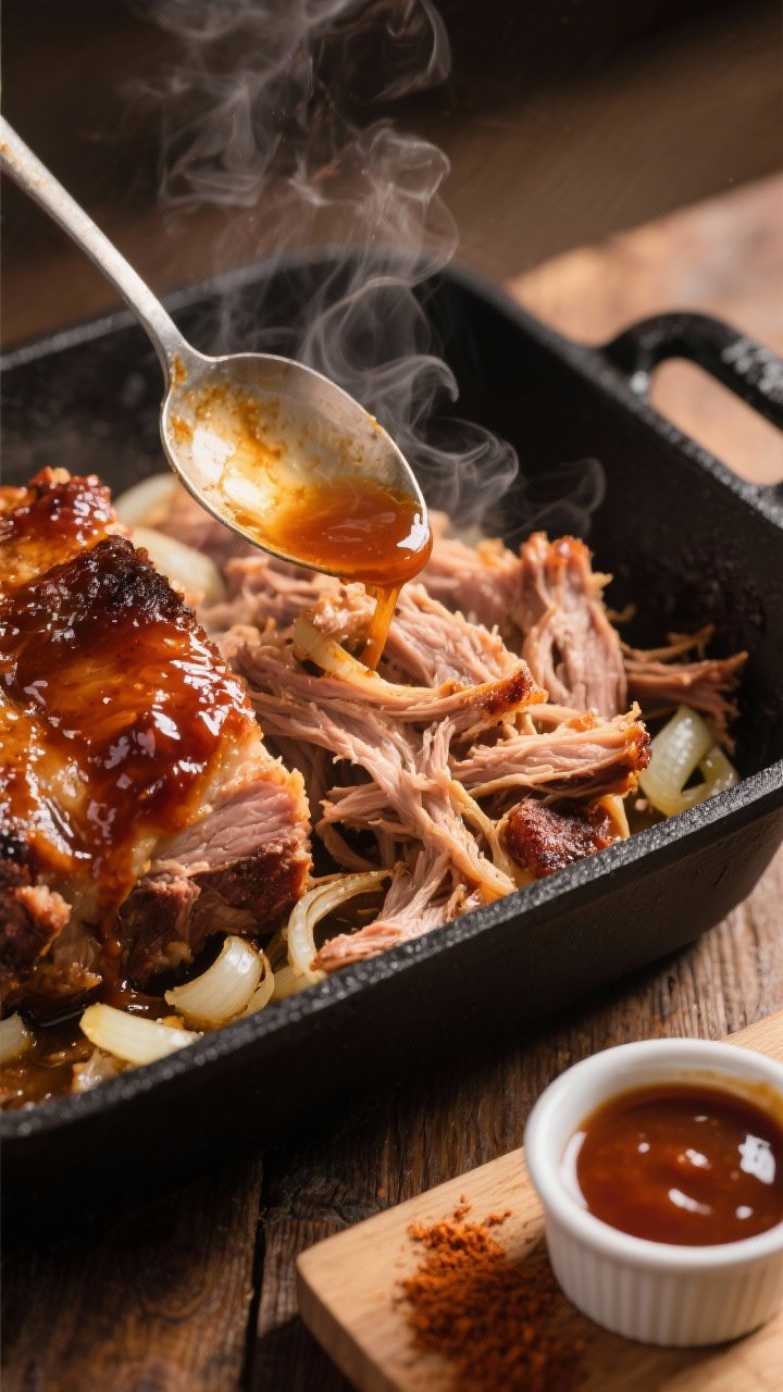 Close-up detail, cooking process: Succulent shredded pork shoulder just out of the slow cooker, glis