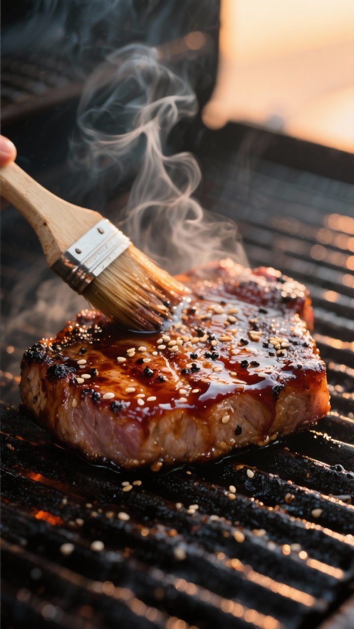Close-up detail, cooking process: Thick 1-inch teriyaki-glazed pork chops sizzling on a hot grill at