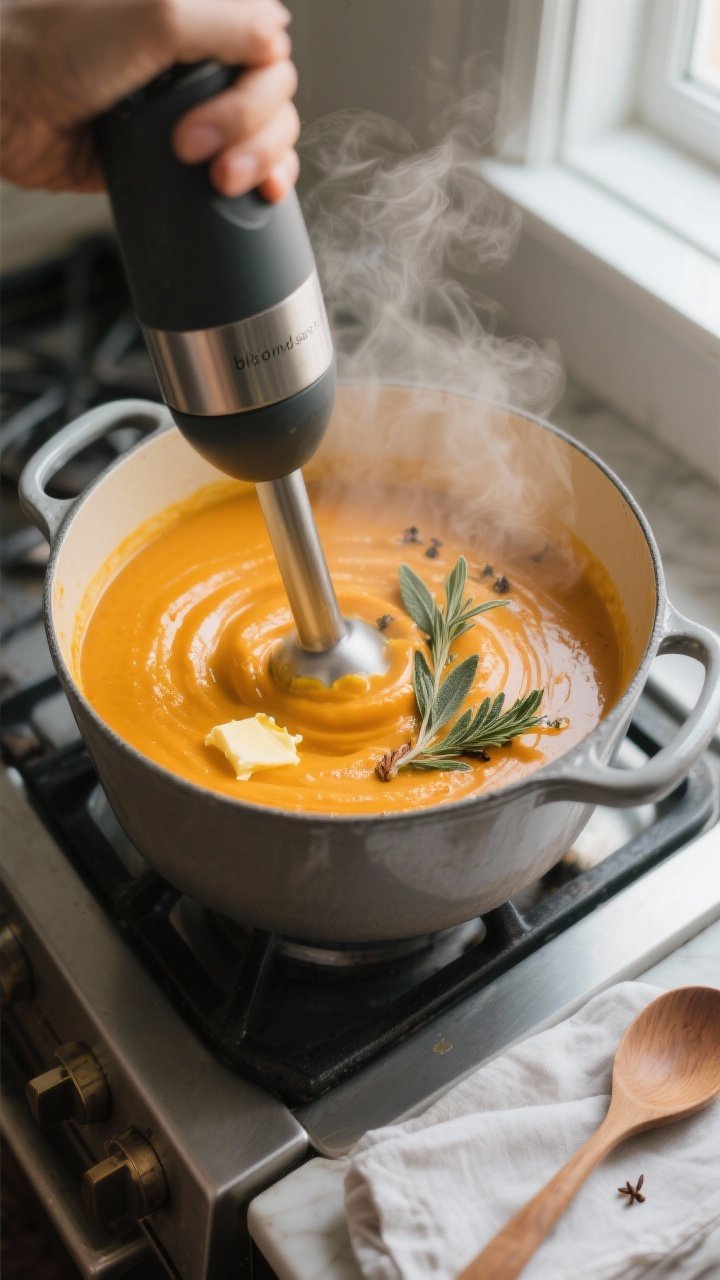 Close-up detail: Immersion blending the simmered pumpkin soup in a heavy pot, showing silky, velvety