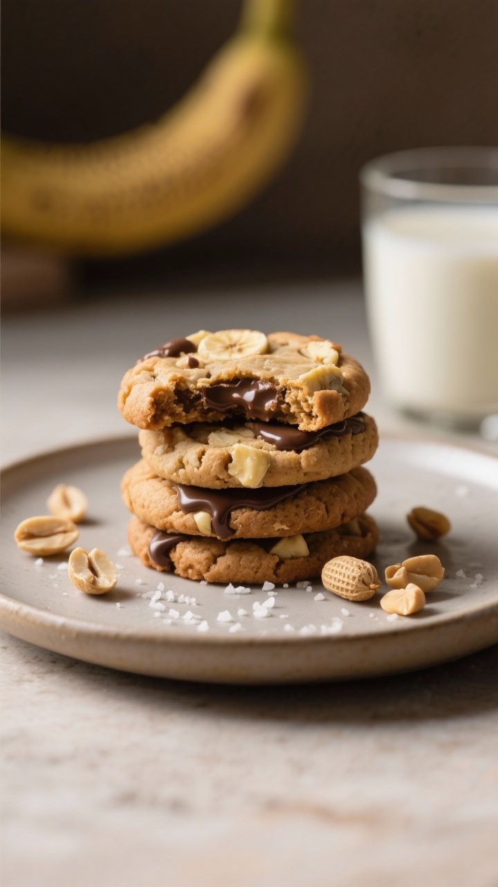 Close-up detail of a final plated stack of Peanut Butter Banana Cookies on a matte ceramic plate, on