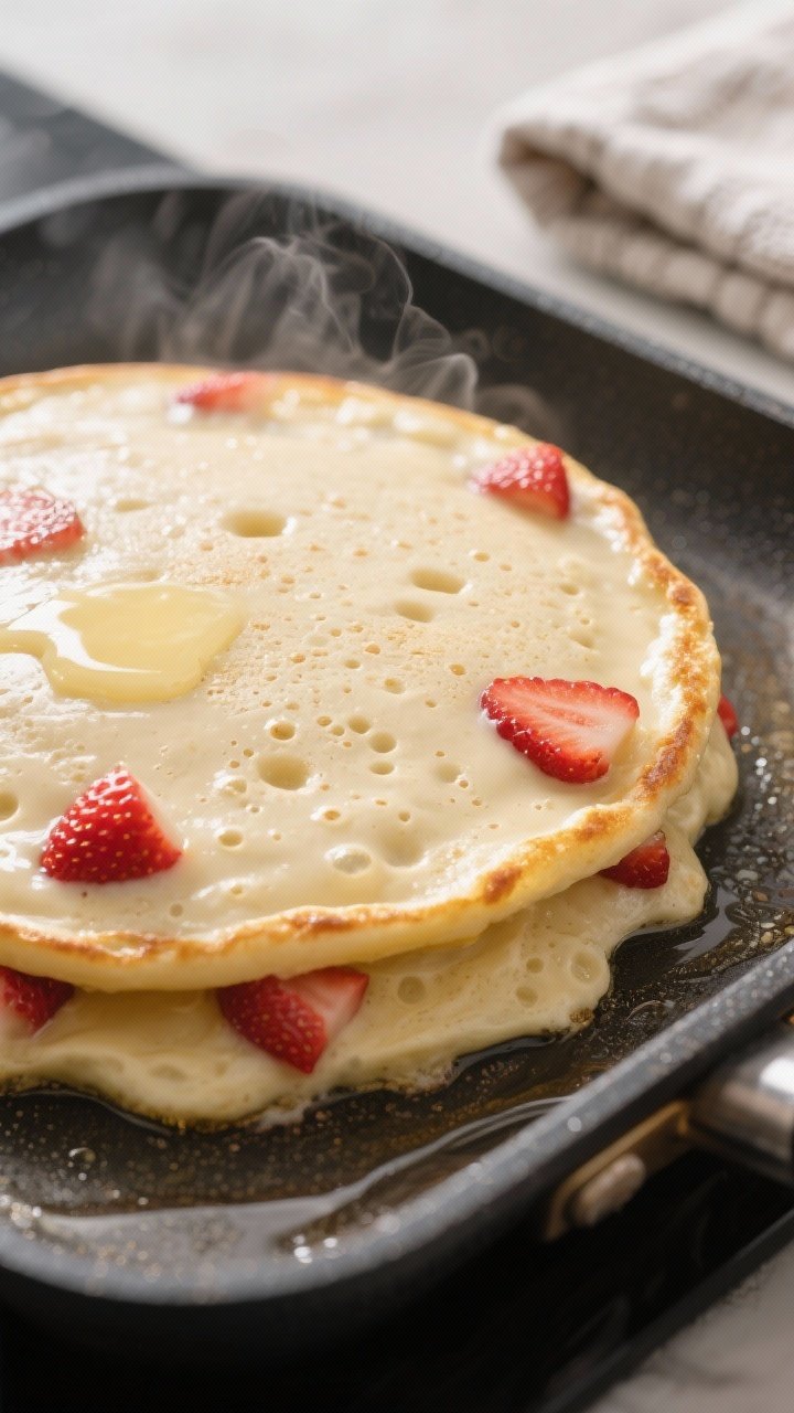 Close-up detail of a fluffy strawberry pancake mid-cook on a nonstick griddle: tall, airy sides with