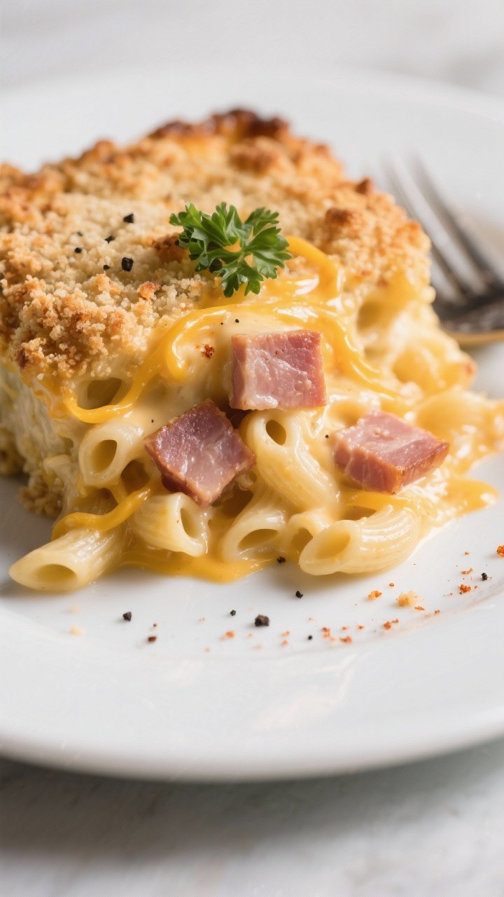 Close-up detail of a plated serving of the mac and cheese bake on a matte white plate, showing ultra