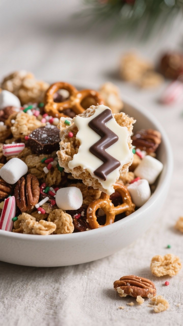 Close-up detail of large hand-broken clusters of the snack mix served in a matte white bowl for gift