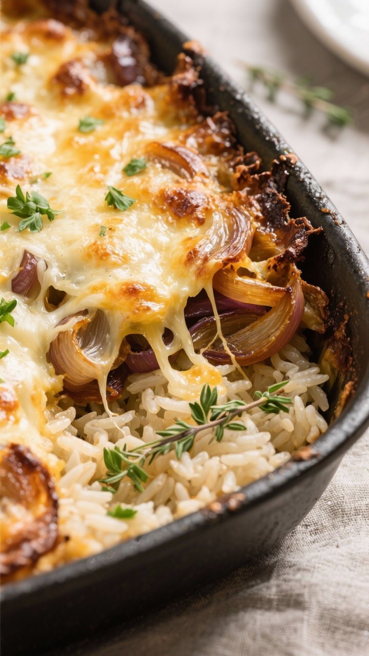 Close-up detail shot: A corner of the baked French Onion Soup Rice Casserole just out of the oven, c