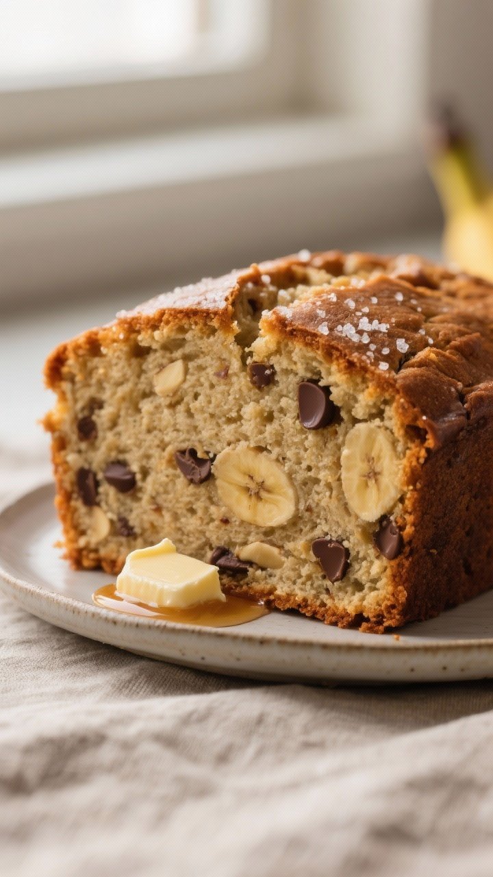 Close-up detail shot: A freshly baked vegan banana bread slice laid on its side, showing a moist, te