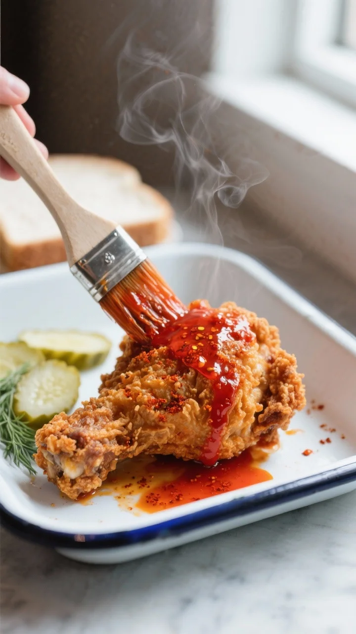 Close-up detail shot: A freshly fried Nashville hot chicken thigh being brushed with the deep red sp
