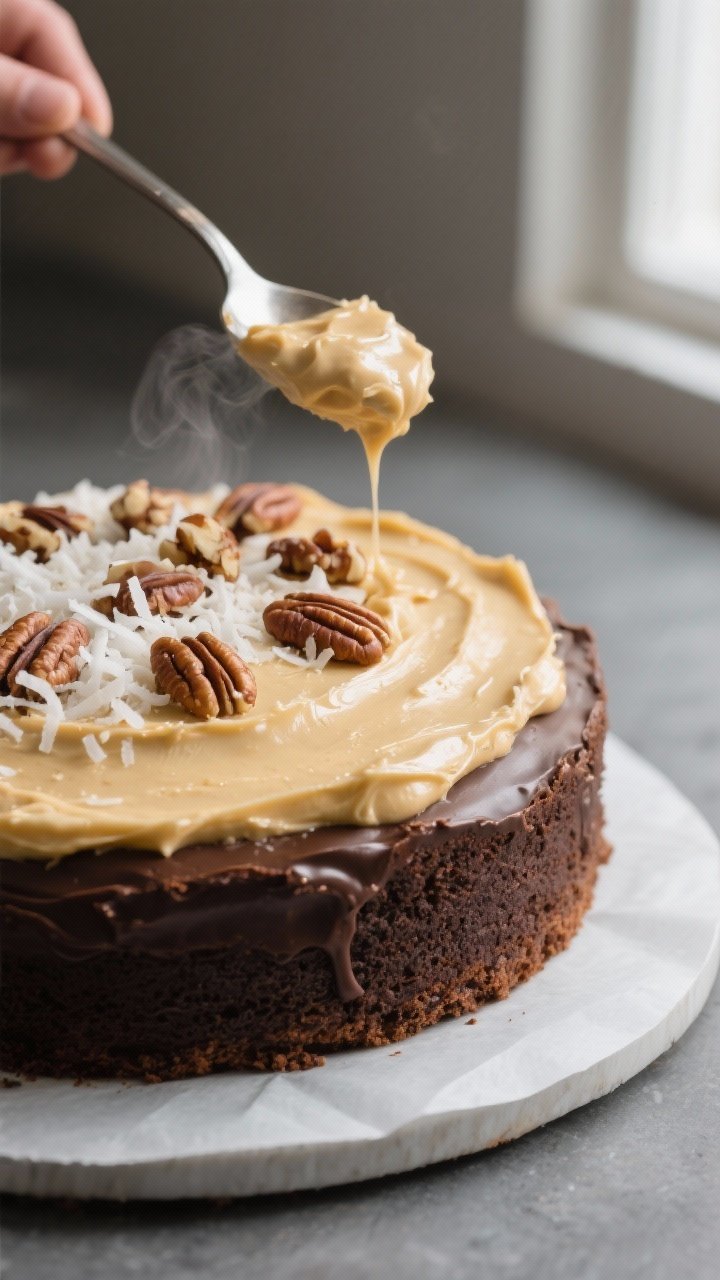 Close-up detail shot: A generous spoonful of silky coconut-pecan frosting being spread over a cooled