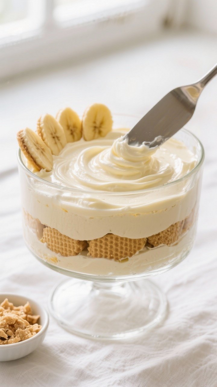 Close-up detail shot: A glass trifle dish mid-assembly showing distinct, clean layers—golden vanil