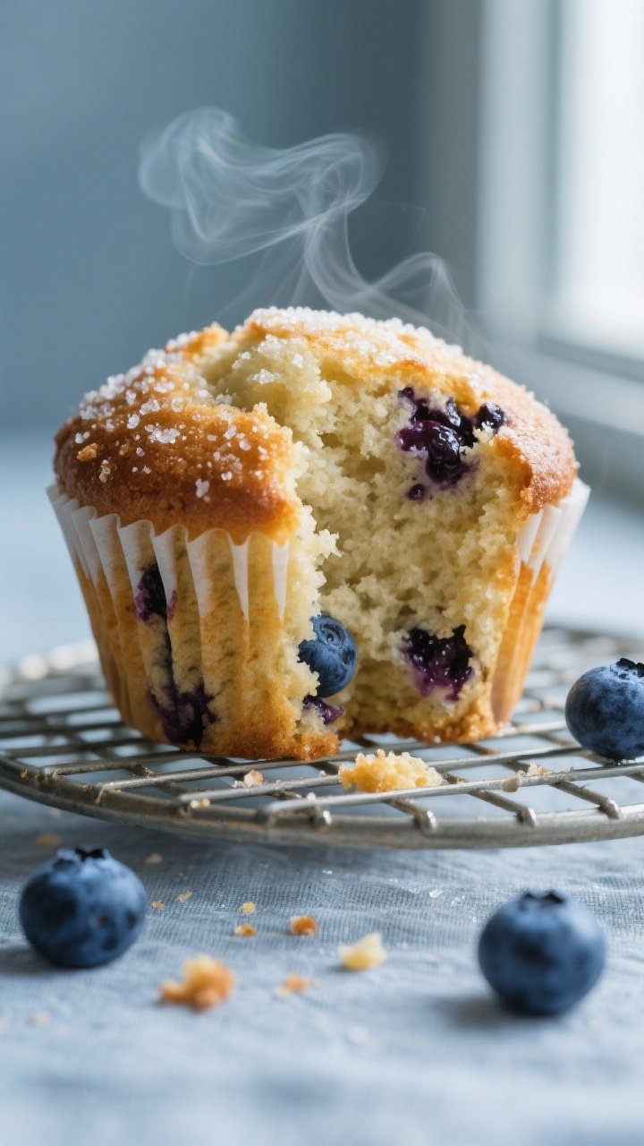 Close-up detail shot: A just-baked blueberry muffin torn open by itself on a cooling rack, steam fai