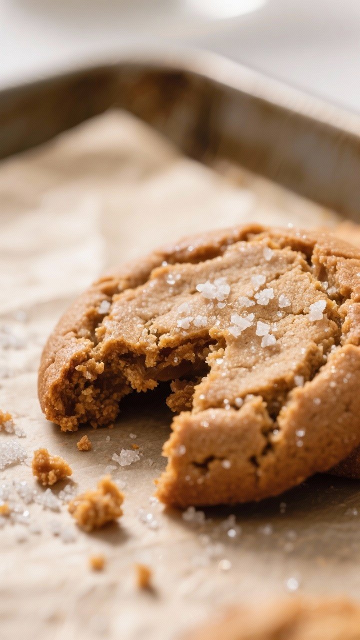 Close-up detail shot: A just-baked brown sugar cookie cracked open to reveal a soft, chewy center wi