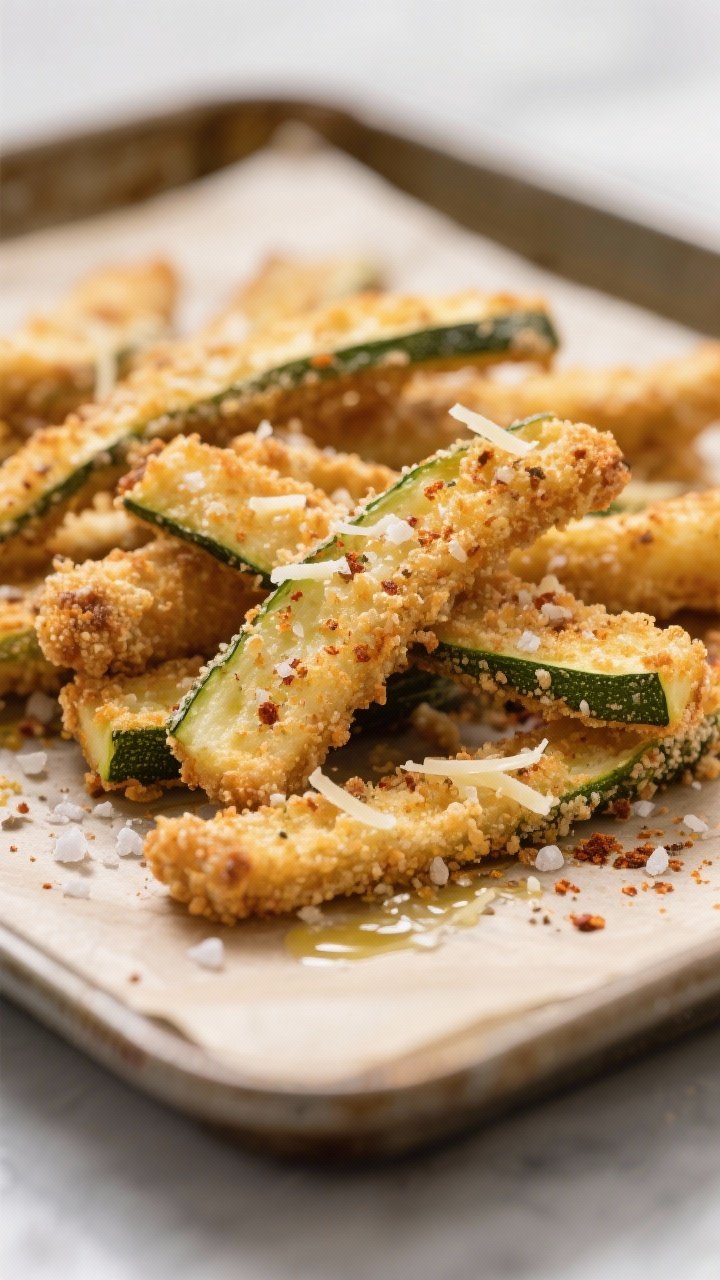 Close-up detail shot: a pile of freshly baked zucchini fries just out of the oven on a parchment-lin