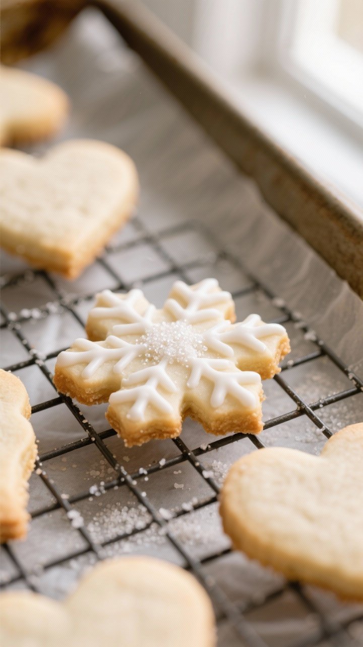 Close-up detail shot: freshly baked cut-out sugar cookies cooling on a wire rack, edges clean and ju