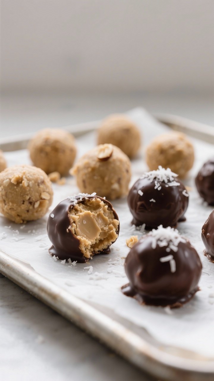Close-up detail shot: freshly rolled 1-inch no-bake keto peanut butter balls on a parchment-lined tr