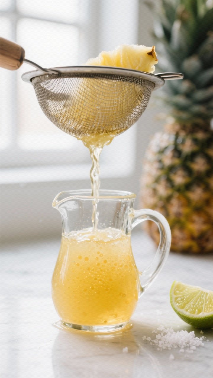 Close-up detail shot of a crystal-clear pineapple syrup stream being pressed through a fine-mesh str