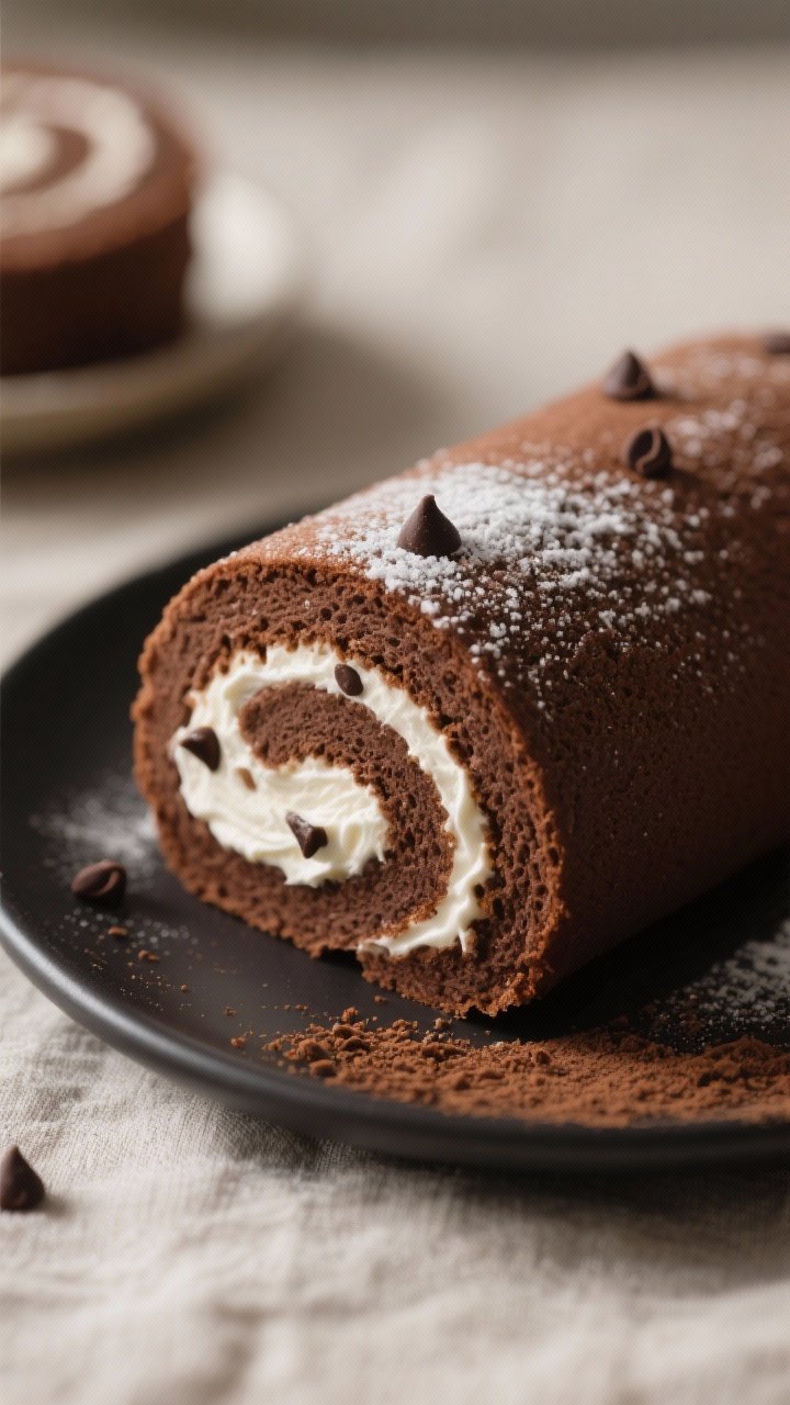 Close-up detail shot of a freshly sliced Chocolate Swiss Roll Cake showcasing a tight, even cocoa sp
