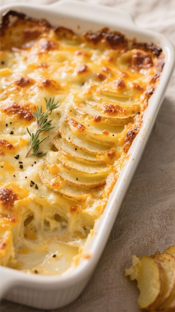 Close-up detail shot of a golden, bubbling pan of cheesy scalloped potatoes just out of the oven, cr