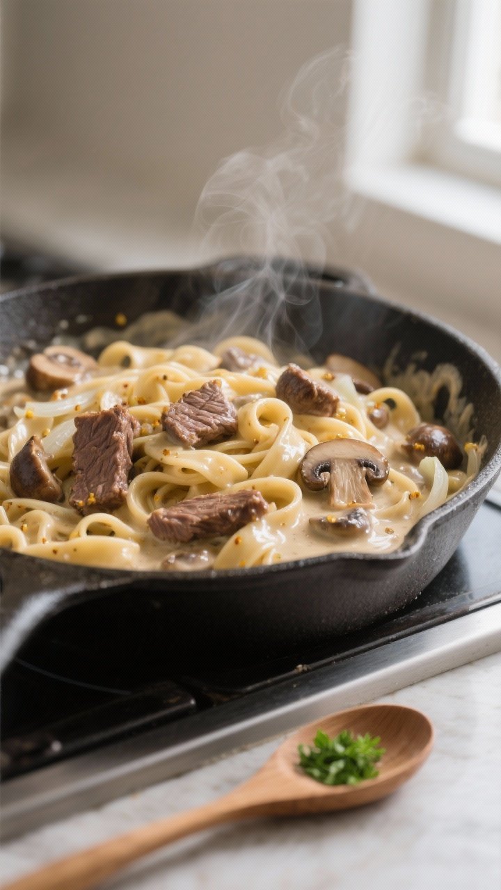 Close-up detail shot of creamy Beef Stroganoff Noodles being tossed in a skillet: glossy wide egg no