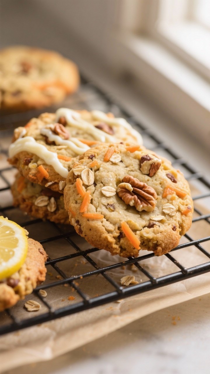 Close-up detail shot of freshly baked carrot cake cookies cooling on a wire rack, edges lightly gold