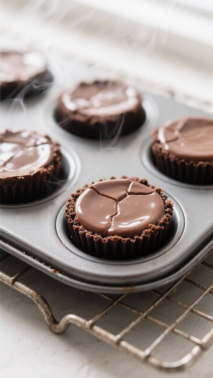 Close-up detail shot of freshly baked mini chocolate espresso cheesecake bites cooling in a mini muf
