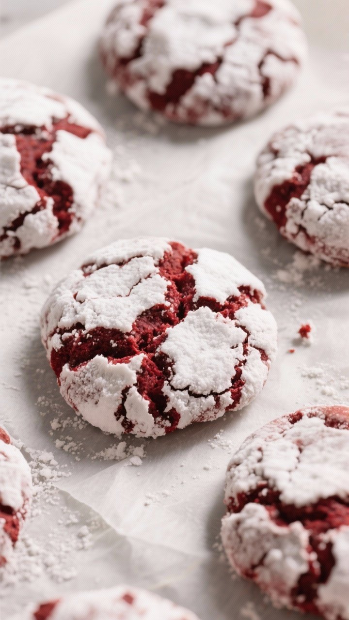 Close-up detail shot of freshly baked red velvet crinkle cookies just out of the oven on a parchment