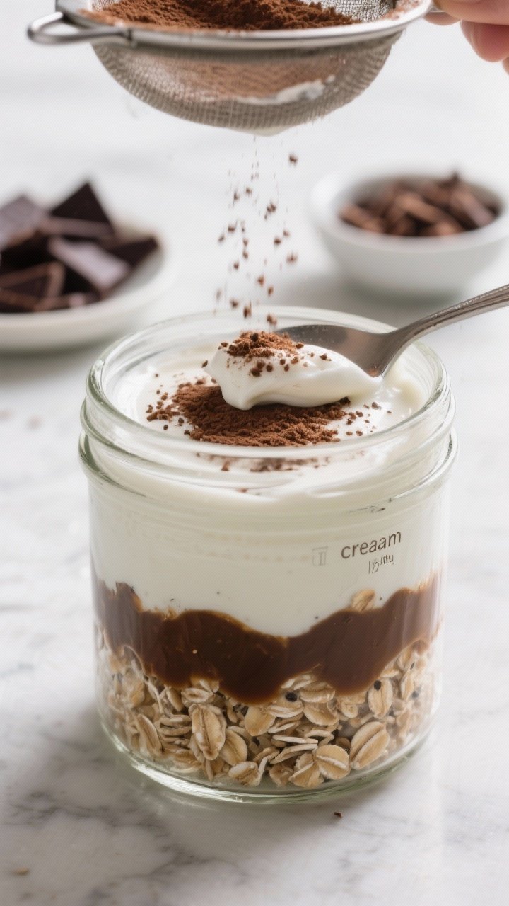 Close-up detail shot of tiramisu overnight oats being layered in a clear 12 oz glass jar: creamy cof