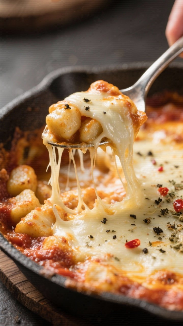 Close-up process detail in an oven-safe skillet: a spoon lifting a layer to reveal pillowy gnocchi n