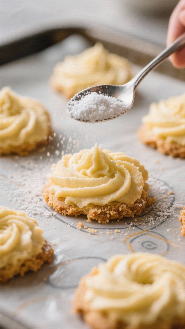 Close-up process detail of piped butter cookie rosettes just out of the oven on a silicone mat, edge