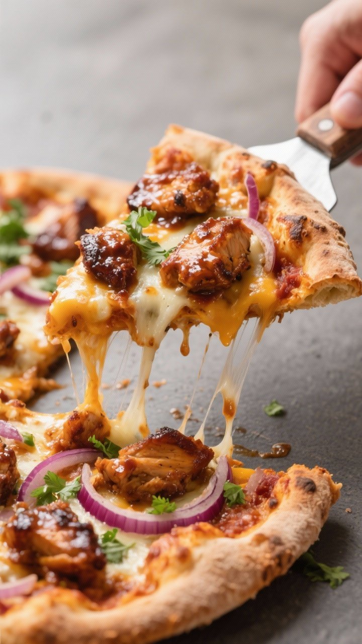 Close-up process shot of sliced BBQ chicken pizza being cut and lifted with a metal spatula, showcas