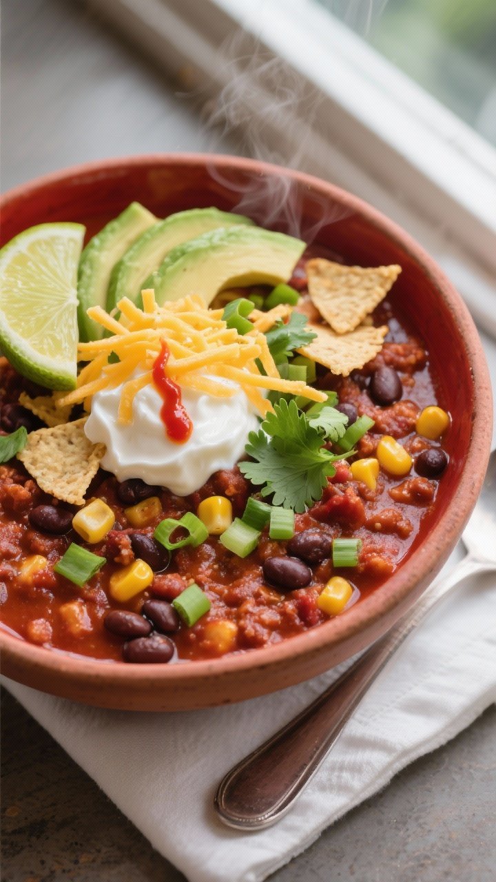 Close-up, restaurant-quality plated bowl of finished Vegetarian Chili, top-down composition: deep ce