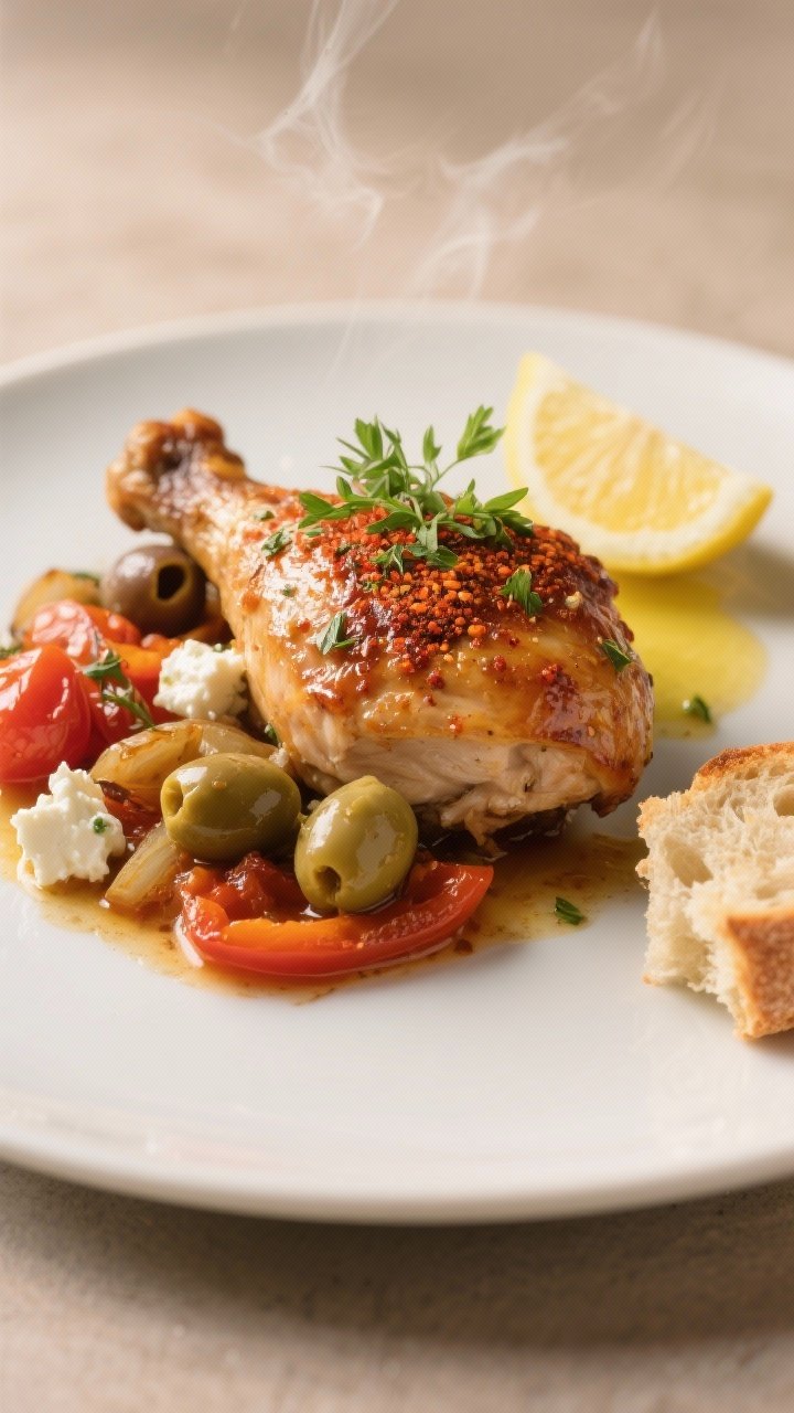 Close-up, shallow depth-of-field detail of a plated portion: juicy chicken thigh with lacquered, cri