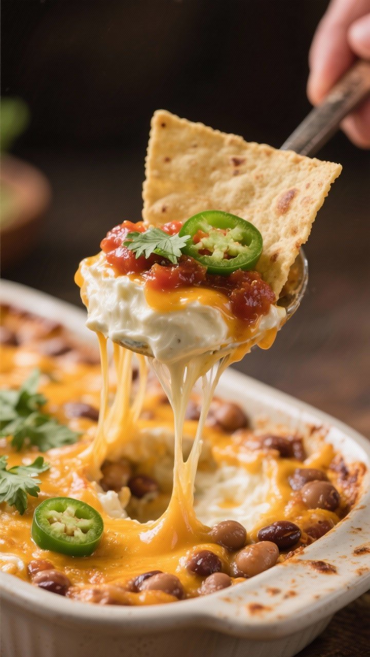 Close-up, three-quarter angle detail of a scoop of the hot Cream Cheese Bean Dip lifted out with a s