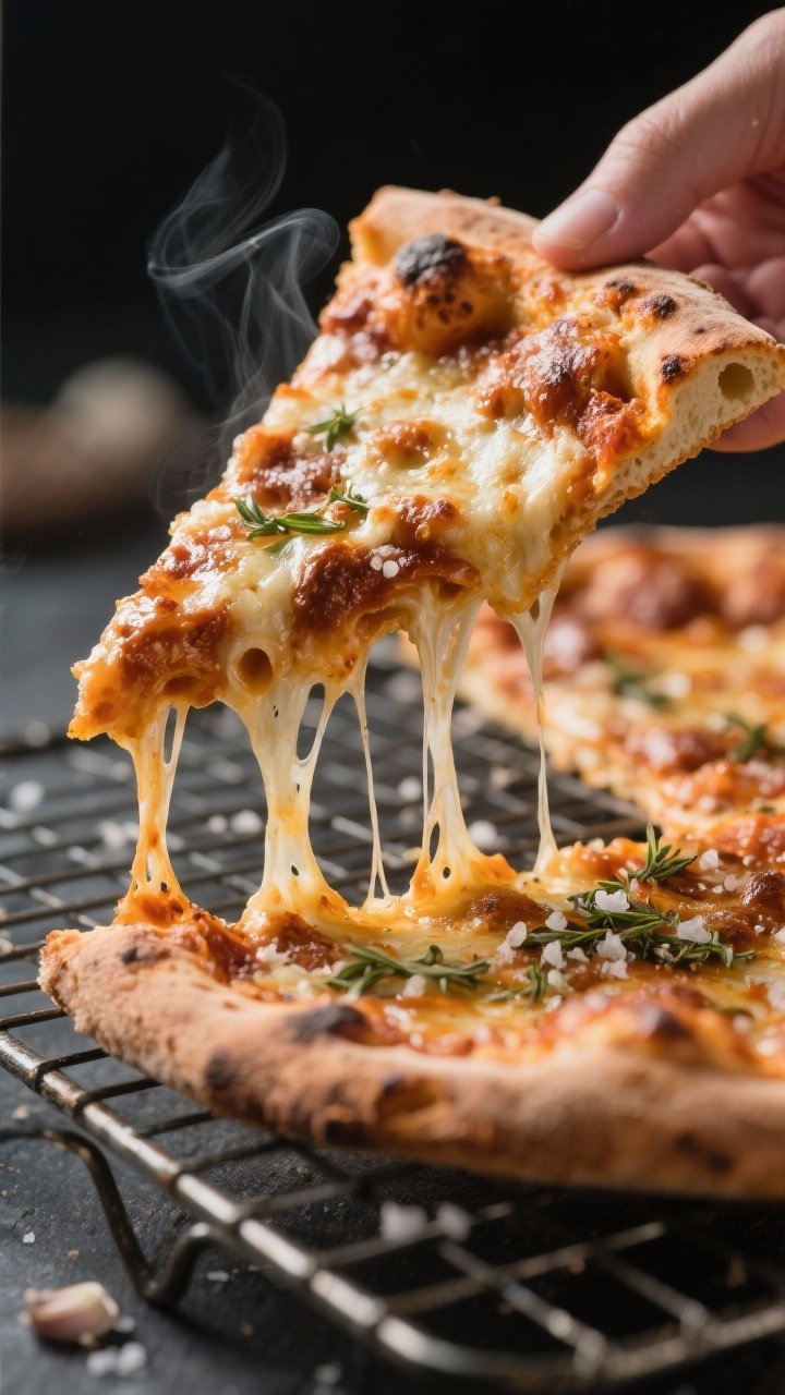 Close-up, three-quarter angle of a single slice being lifted from a resting whole pizza on a cooling