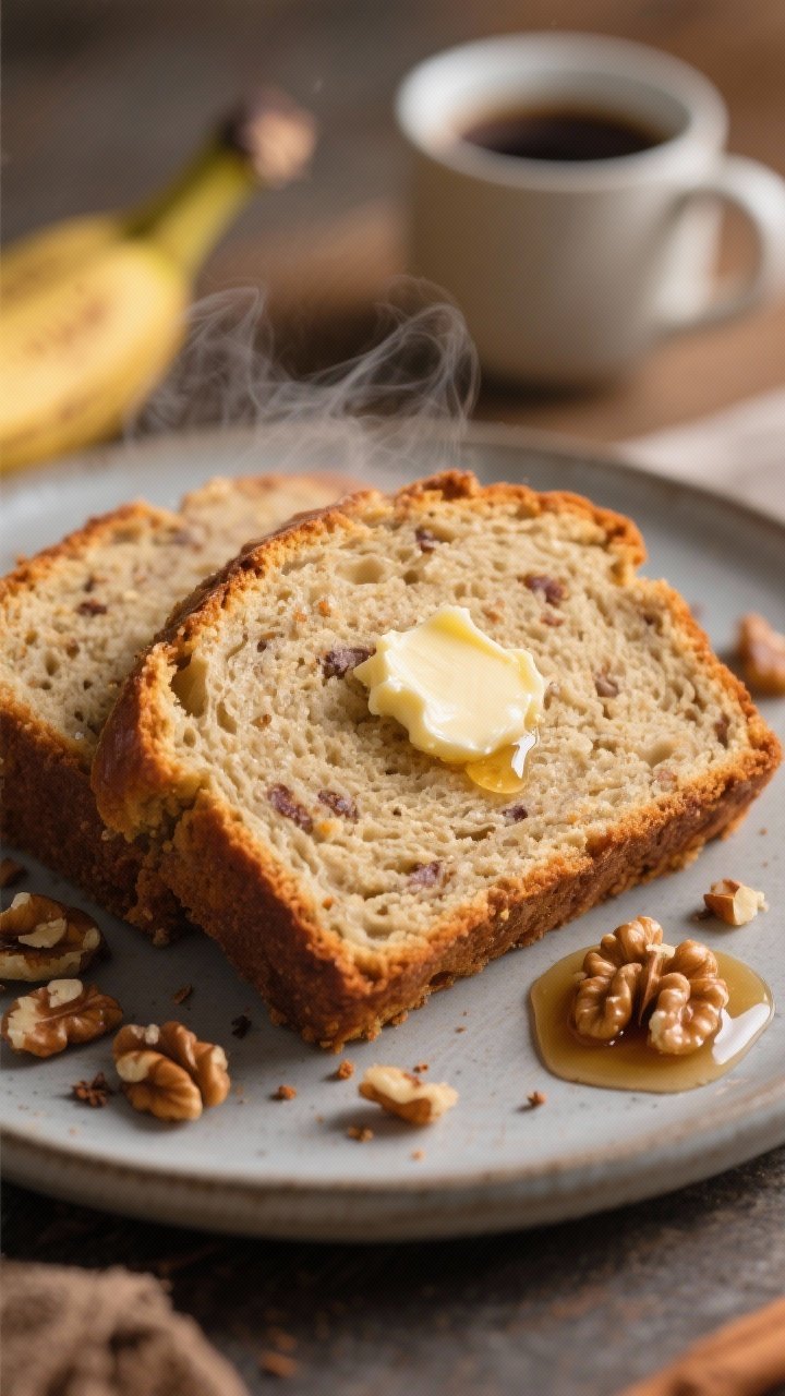 Close-up, three-quarter angle of a thick slice of gluten-free banana bread served warm on a matte ce