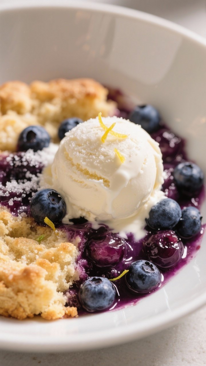 Close-up, three-quarter angle of a warm serving of blueberry cobbler plated in a shallow white bowl,