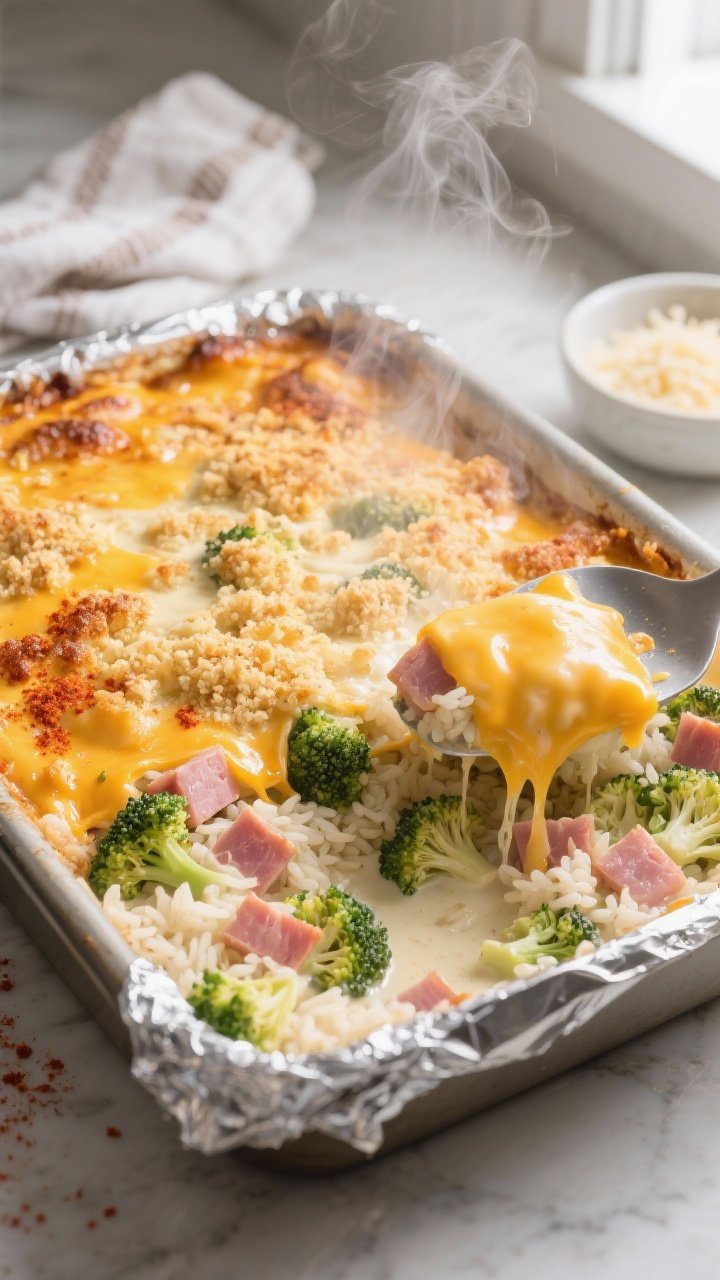 Cooking process close-up: A 9x13-inch baking dish of ham and broccoli rice casserole just out of the