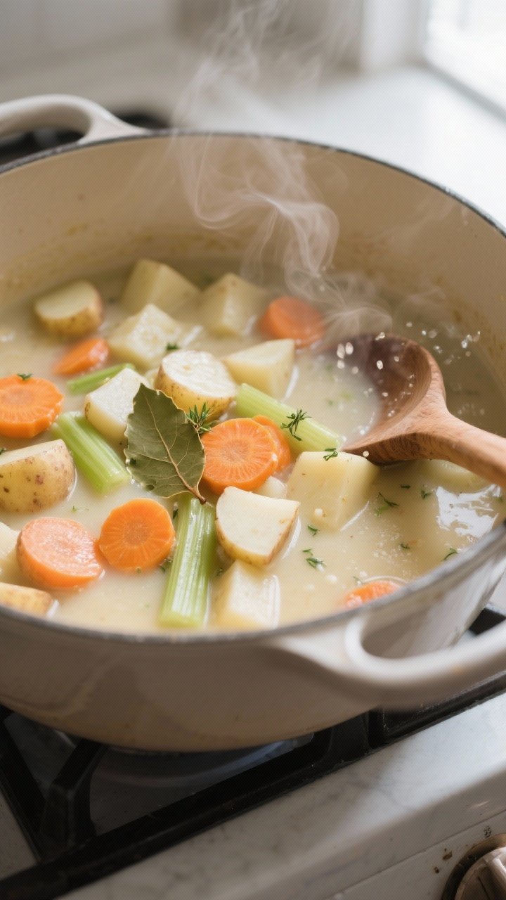 Cooking process close-up: A Dutch oven of simmering chunky potato soup mid-cook, showing tender 3/4-