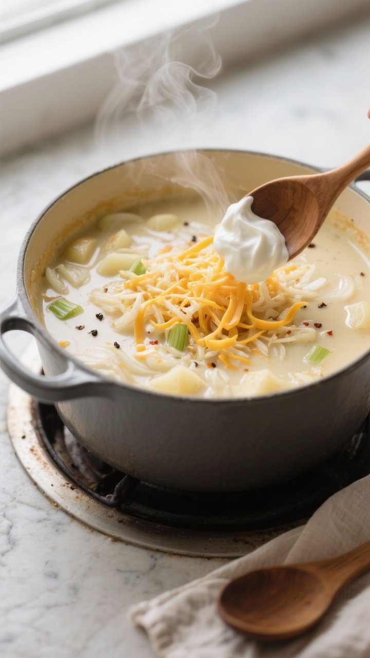 Cooking process close-up: A Dutch oven on the stovetop with creamy hashbrown potato soup mid-simmer,