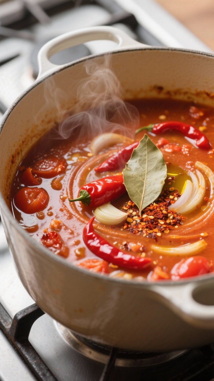 Cooking process close-up: A large pot of simmering spicy tomato and roasted red pepper soup mid-cook