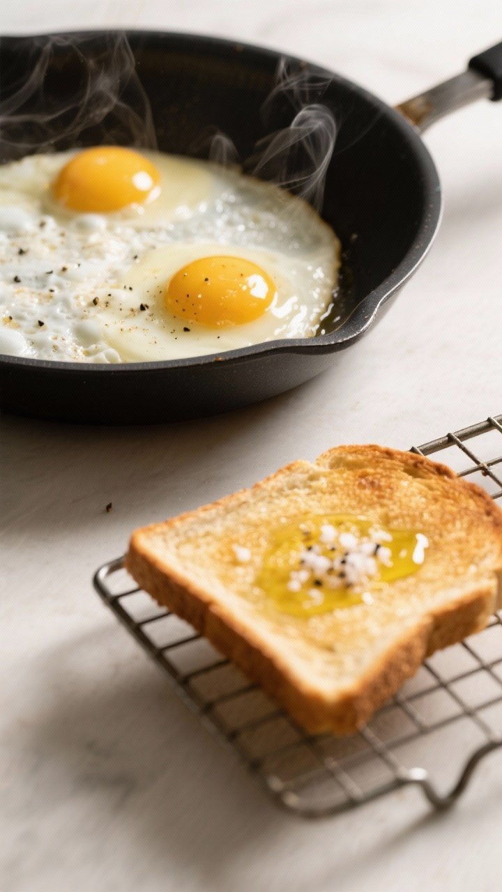 Cooking process close-up: A nonstick pan over medium heat with two sunny-side-up eggs just set, edge