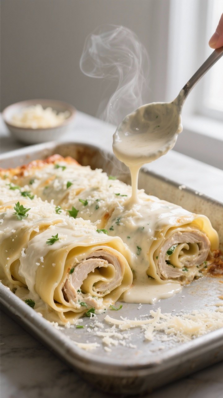 Cooking process close-up: A tight, shallow-depth-of-field shot of Chicken Alfredo Lasagna Rolls just
