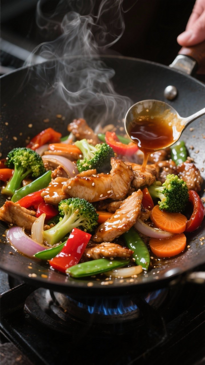 Cooking process, close-up action: Searing chicken stir-fry in a blazing-hot wok, glossy soy–oyster