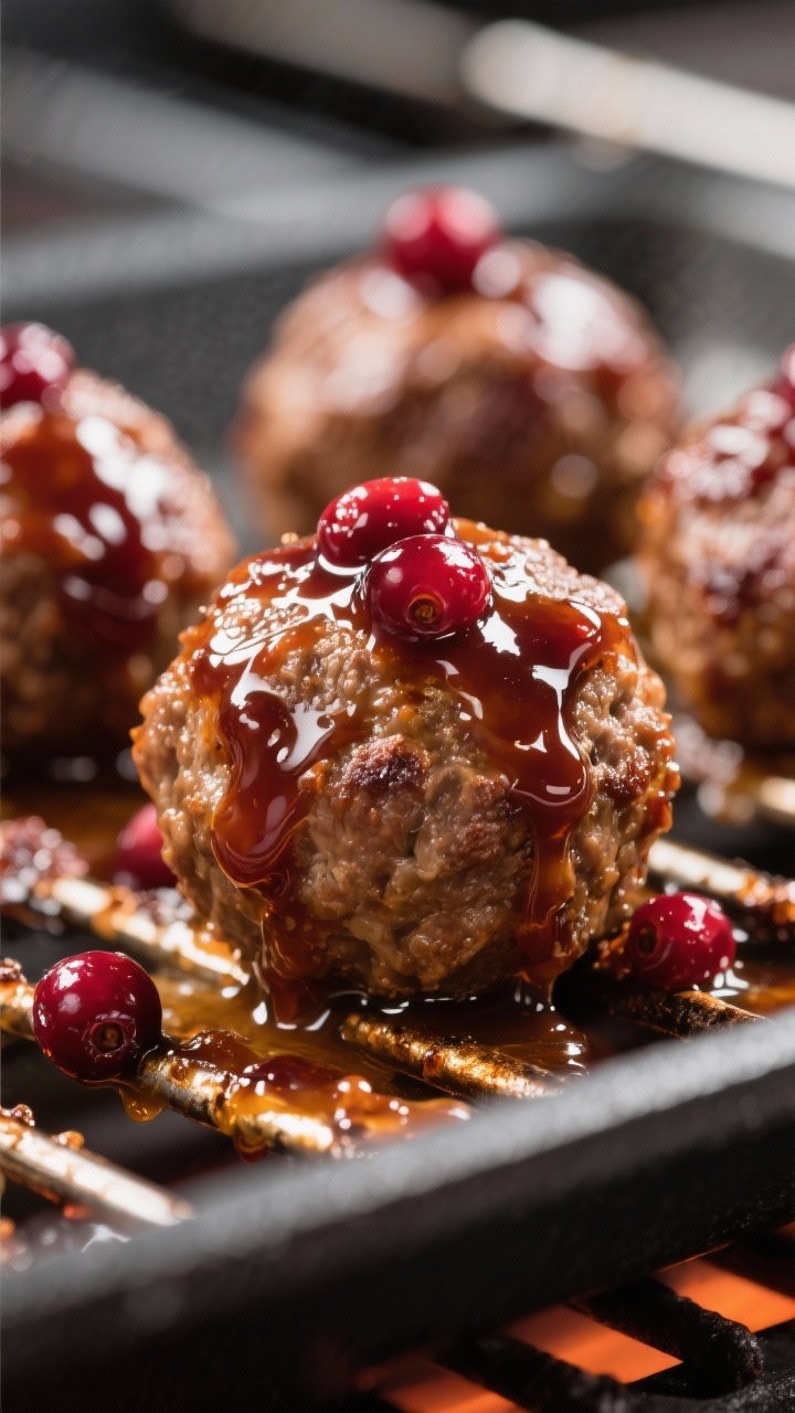 Cooking process close-up: Cranberry-glazed meatballs under the broiler, tight macro shot capturing t