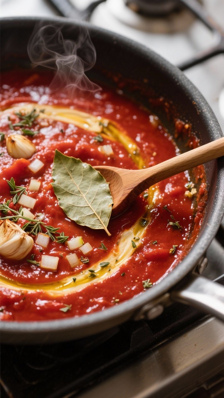 Cooking process, close-up detail: A glossy marinara simmering low in a wide, heavy pot, with visible