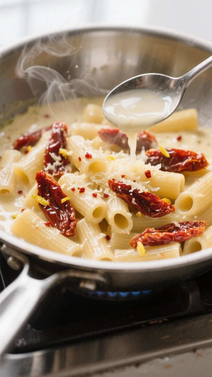 Cooking process, close-up detail: A large stainless-steel skillet over medium-low heat with rigatoni