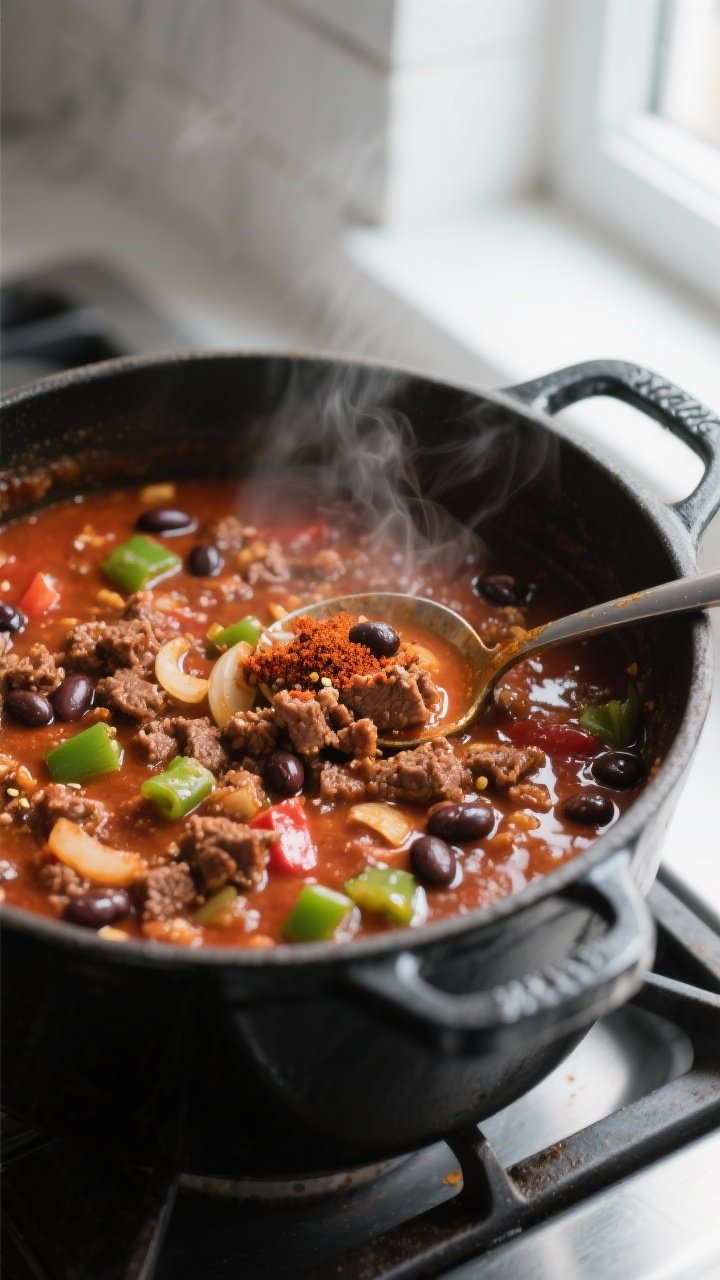Cooking process, close-up detail: Close-up of a simmering pot of hearty beef and bean chili in a mat
