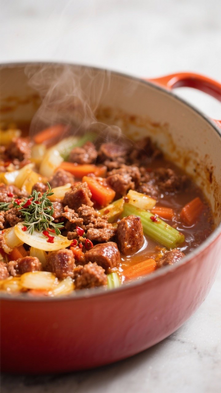 Cooking process, close-up detail: Close-up of browned Italian sausage crumbles sizzling in a Dutch o