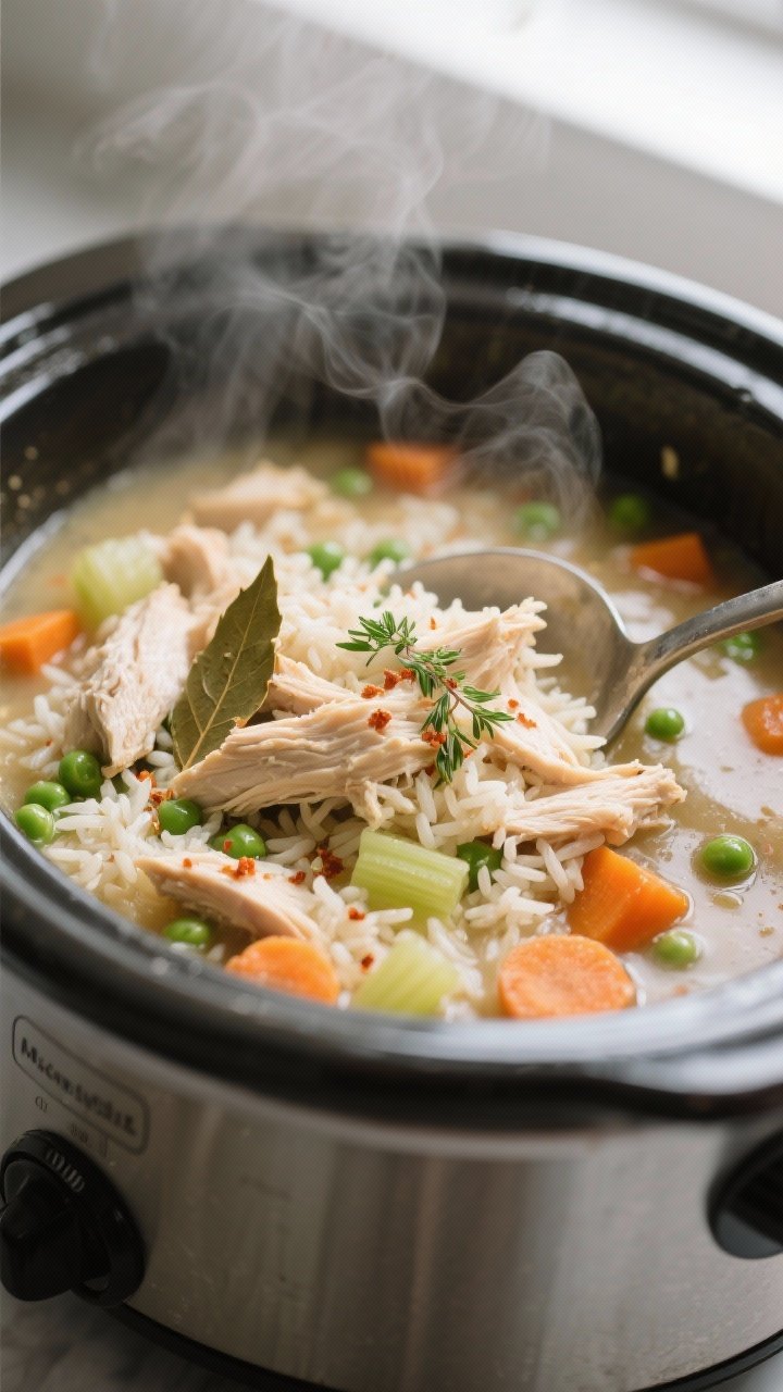Cooking process, close-up detail: Close-up of steaming Crockpot Chicken and Rice Stew just after shr